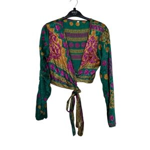 Silk Blouse Green and Gold Patterned Wrap Around | S